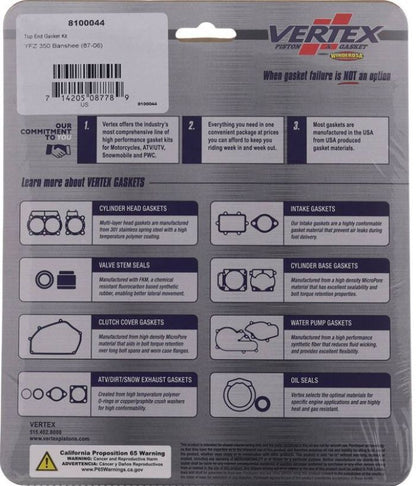 Vertex Top End Gasket Kit - Part No. 8100044 for Engine Maintenance