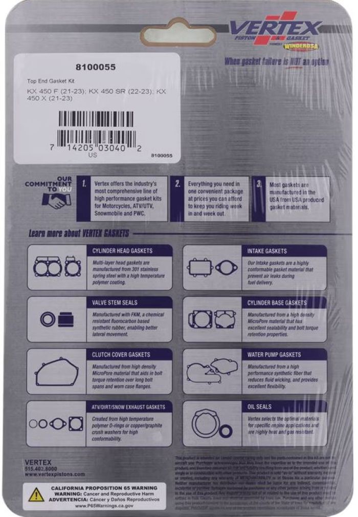Vertex Top End Gasket Kit (Part #8100055) for Engine Rebuilds