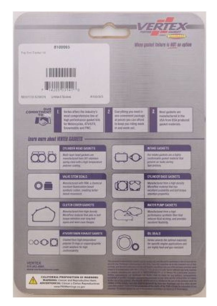 Vertex Top End Gasket Kit - Part #8100065 for Engine Repair