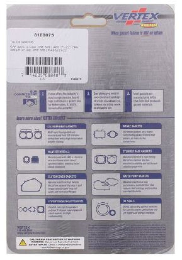 Vertex Top End Gasket Kit - Part Number 8100075