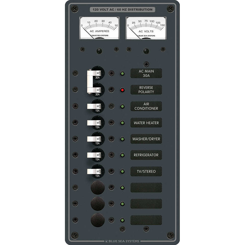 Blue Sea Systems 8074 AC Main and 8-Position Toggle Circuit Breaker Panel with White Switches
