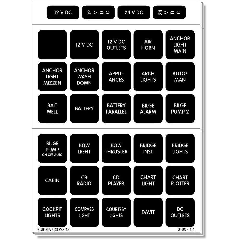 Blue Sea Systems 4218 Square Format Label Set for Battery Management Panels – 30 Black DC Labels