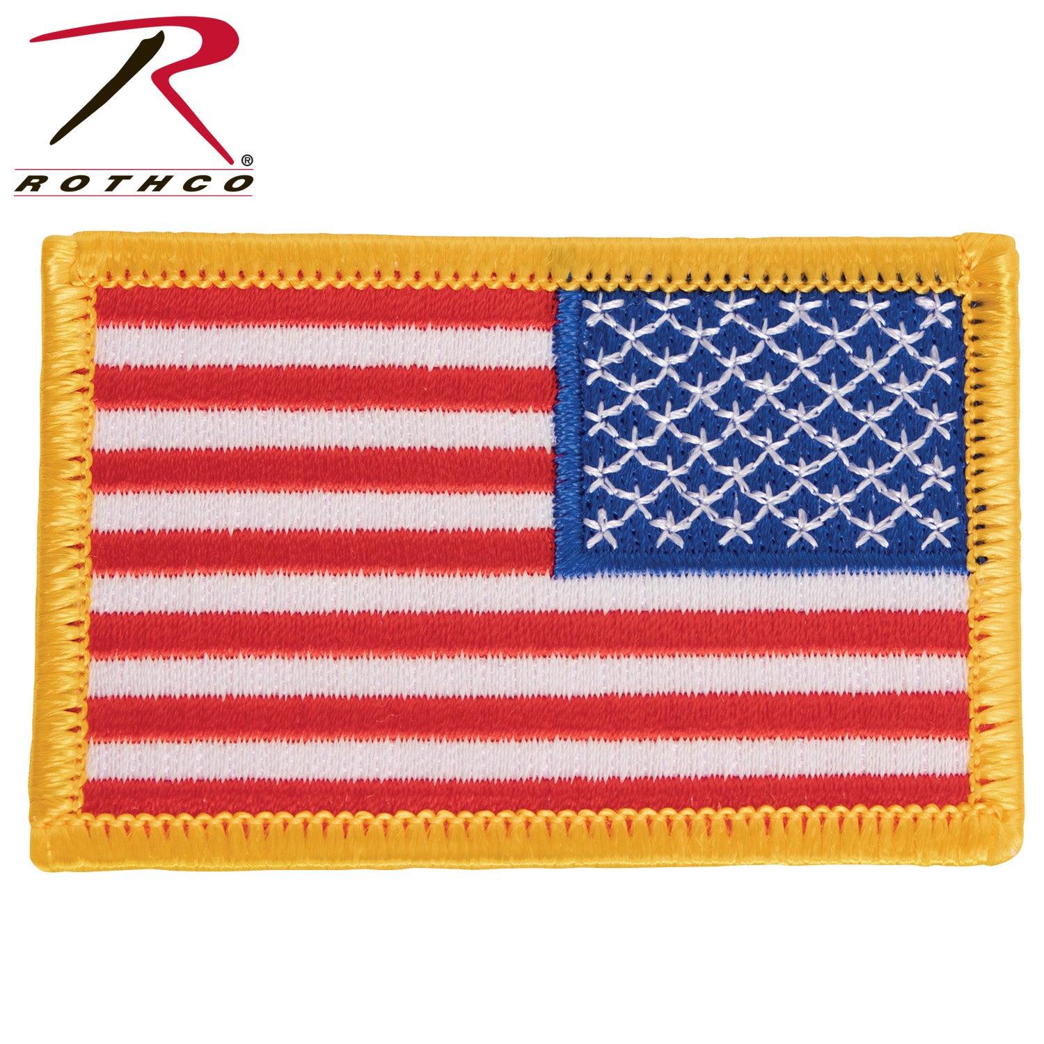 Rothco Iron On / Sew On Embroidered US Flag Patch - Reverse Orientation, Red White Blue with Yellow Border, Part 17777