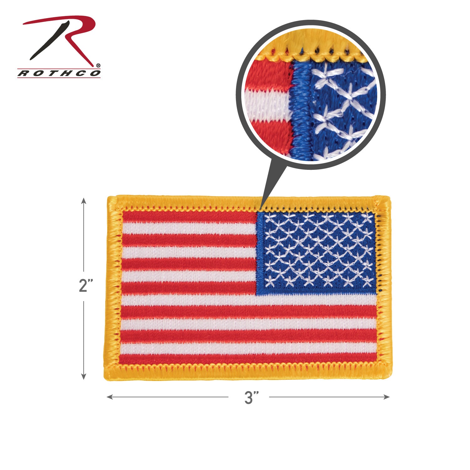 Rothco Iron On / Sew On Embroidered US Flag Patch - Reverse Orientation, Red White Blue with Yellow Border, Part 17777