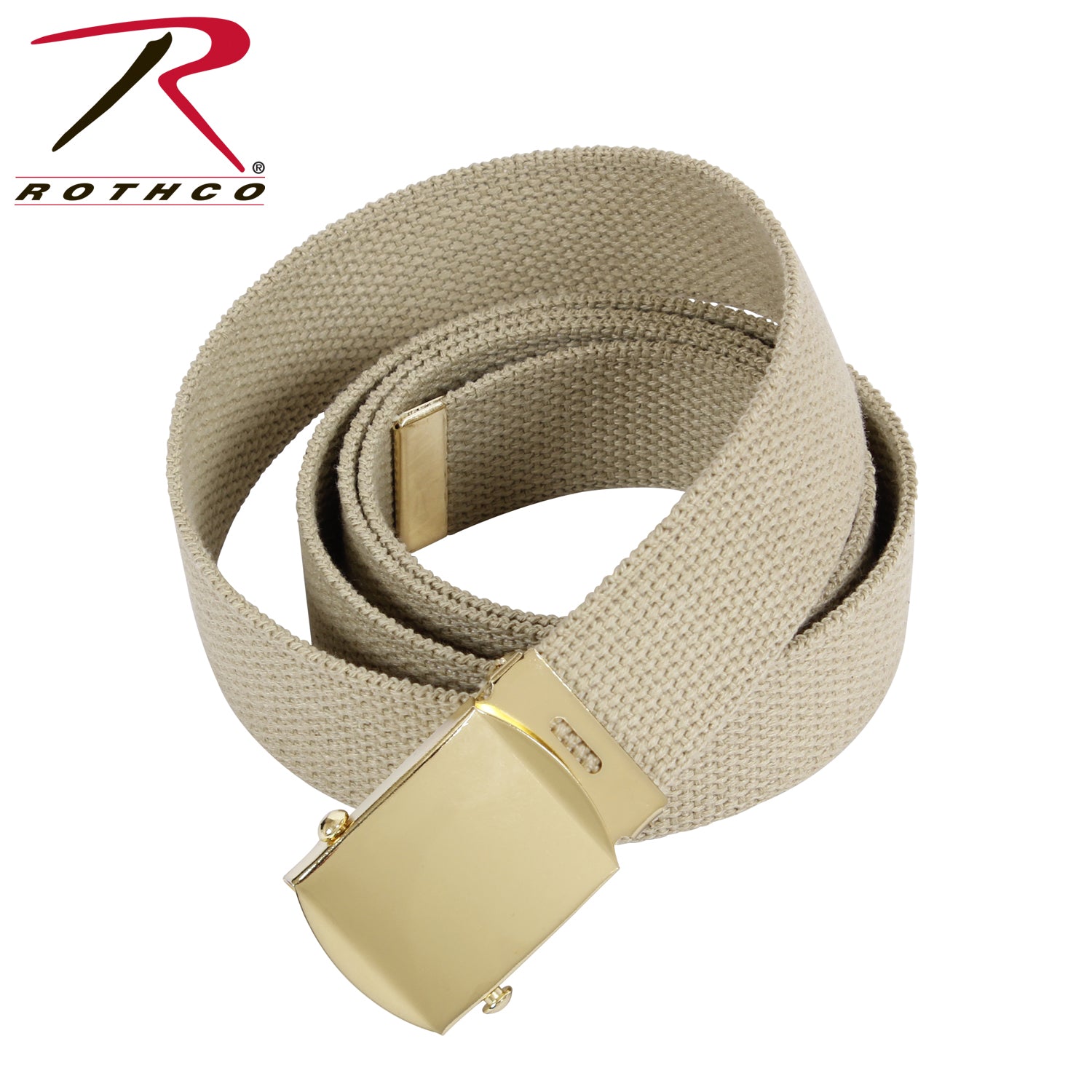 Rothco Military Web Belt – 64 Inch Khaki with Gold Buckle