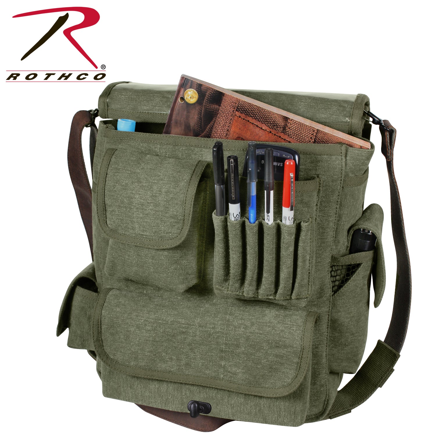 Rothco Vintage M-51 Engineers Bag Olive Drab – 16L Canvas Crossbody with Leather Accents and Multiple Pockets