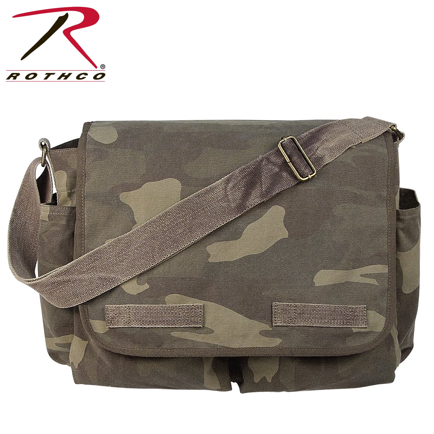Rothco Classic Canvas Messenger Bag Woodland Camo - Heavy Duty Military Style Bag with Adjustable Strap and Multiple Pockets