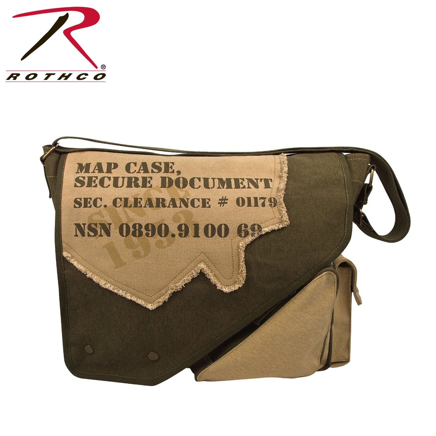 Rothco Vintage Canvas Two-Tone Imprinted Map Bag in Olive Drab and Tan, Part Number 9248-ODT