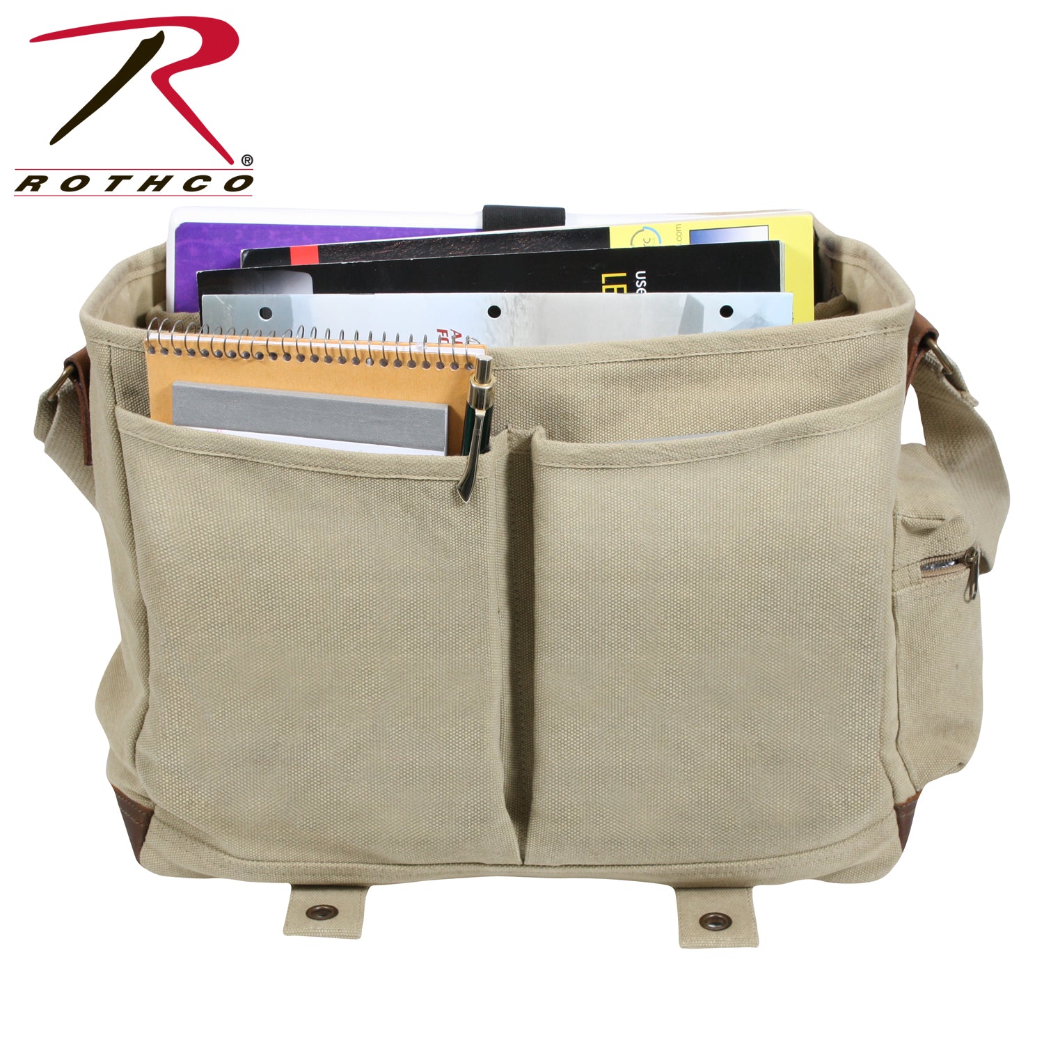 Rothco Vintage Canvas Pathfinder Laptop Bag with Leather Accents – Khaki