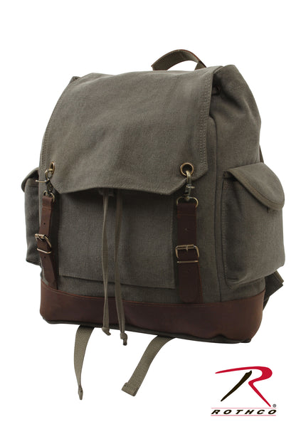 Rothco Vintage Expedition Rucksack Olive Drab - Durable Canvas Backpack with Leather Accents