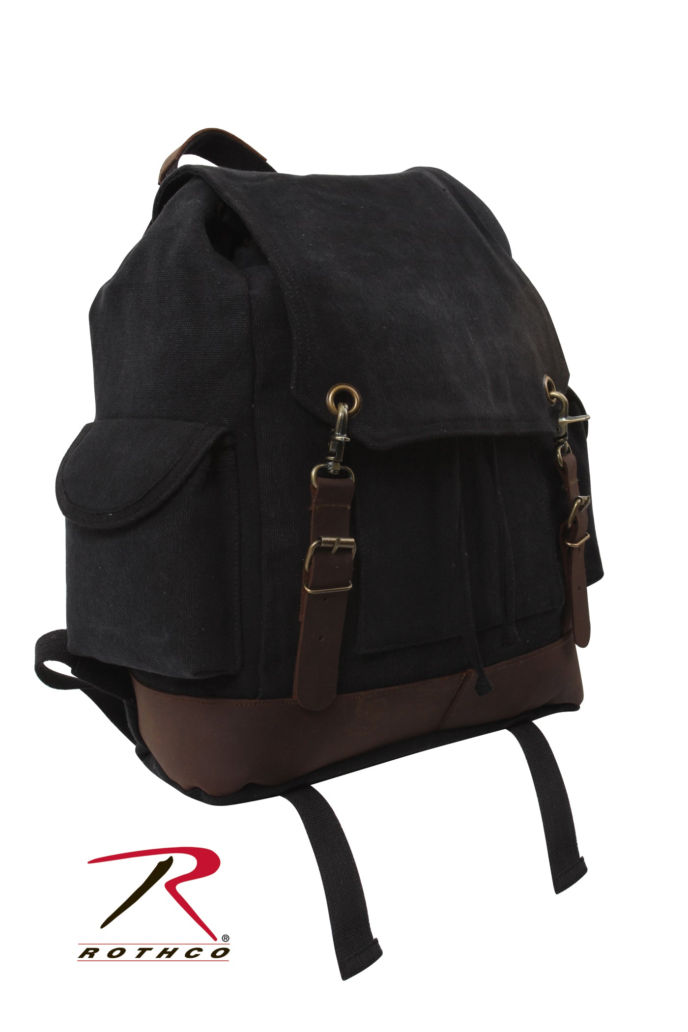 Rothco Vintage Expedition Rucksack Black - Durable Canvas Backpack with Leather Accents