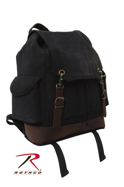 Rothco Vintage Expedition Rucksack Black - Durable Canvas Backpack with Leather Accents