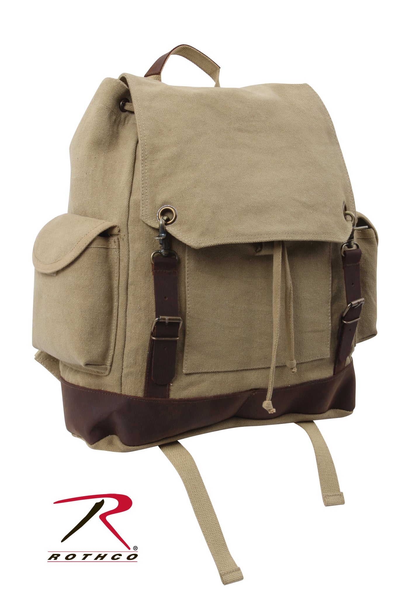 Rothco Vintage Expedition Rucksack Khaki - Durable Canvas Backpack with Leather Accents