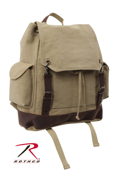 Rothco Vintage Expedition Rucksack Khaki - Durable Canvas Backpack with Leather Accents