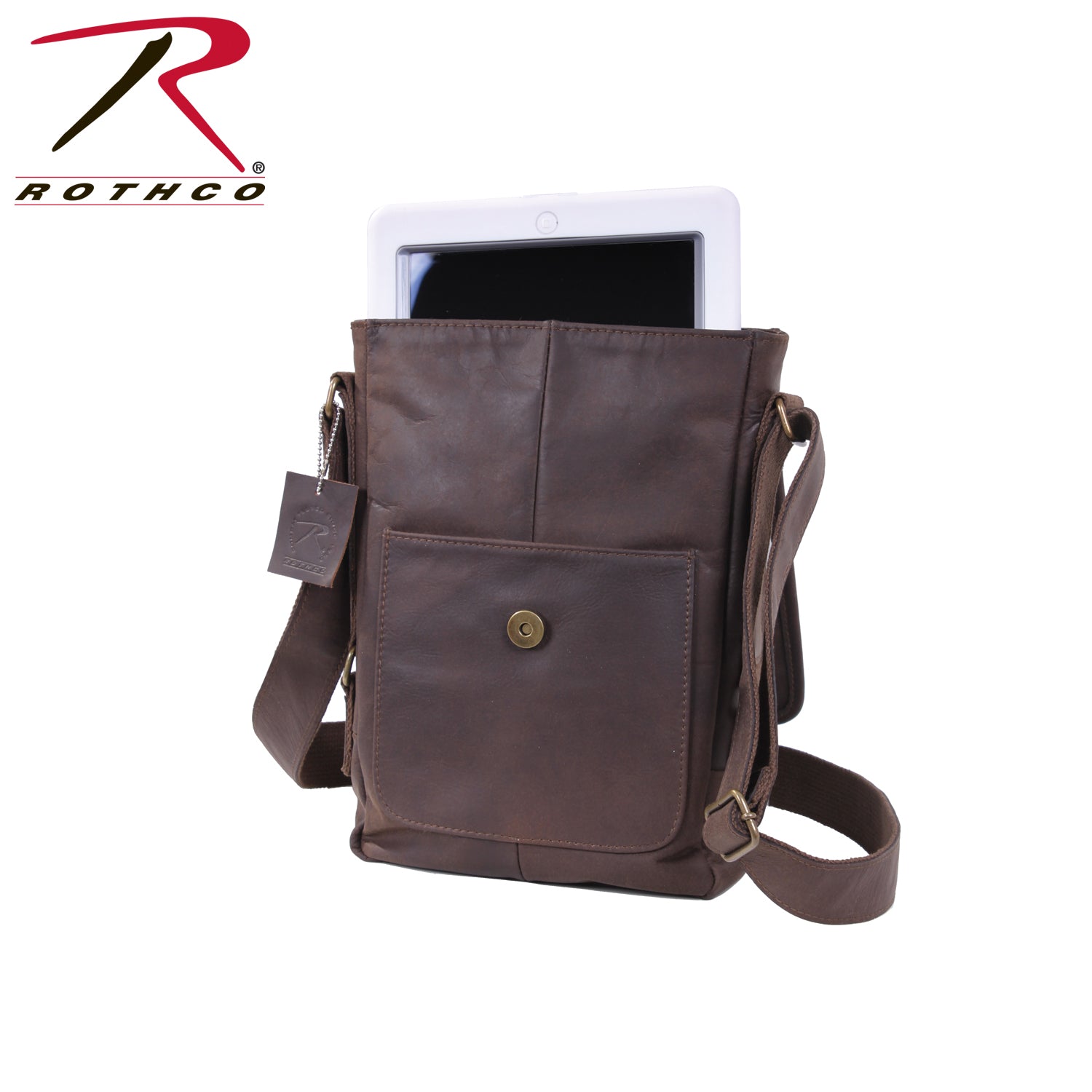 Rothco Brown Leather Military Tech Bag with Padded Interior and Antique Brass Hardware