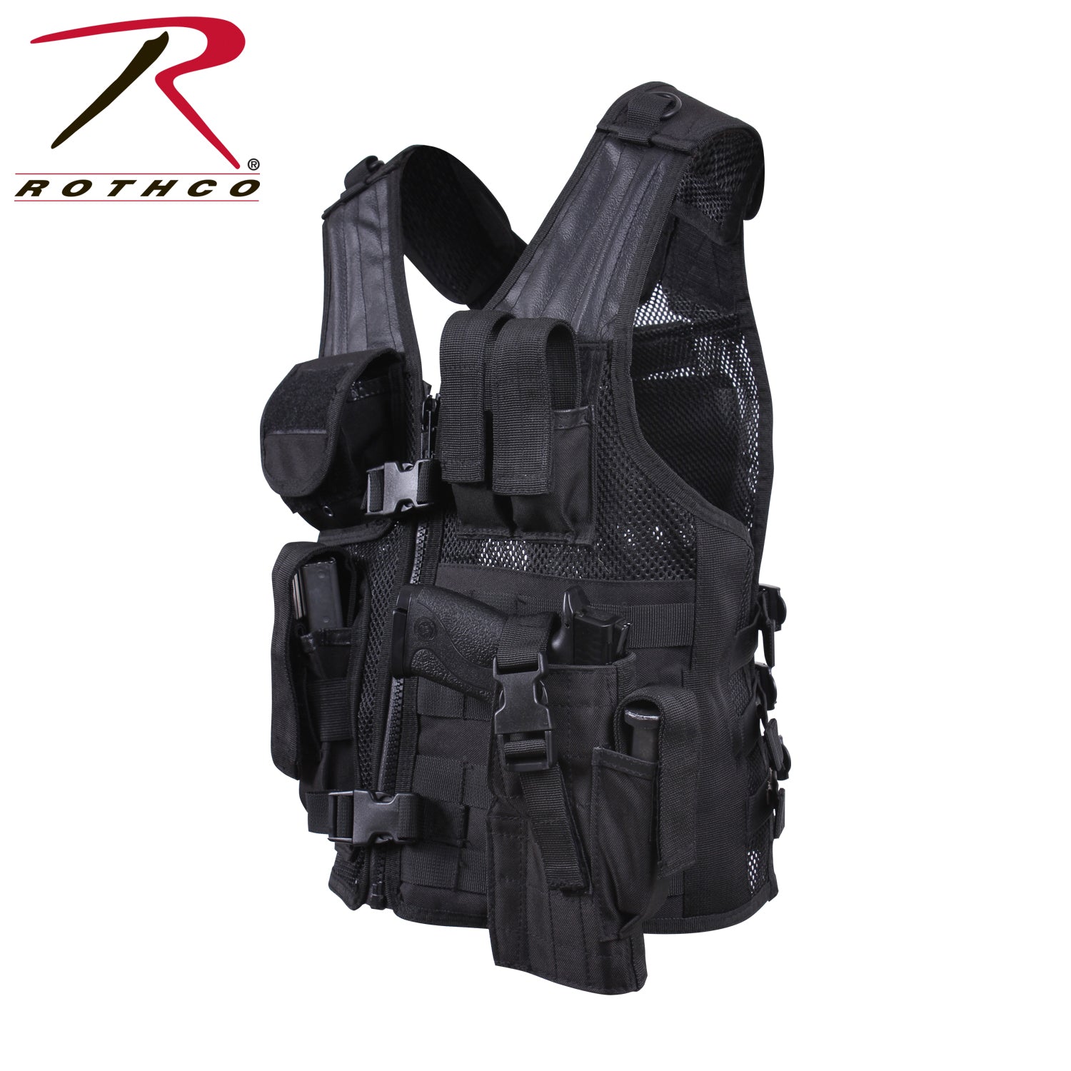 Rothco Kid's Tactical Cross Draw Vest Black - Adjustable Mesh Combat Vest for Children