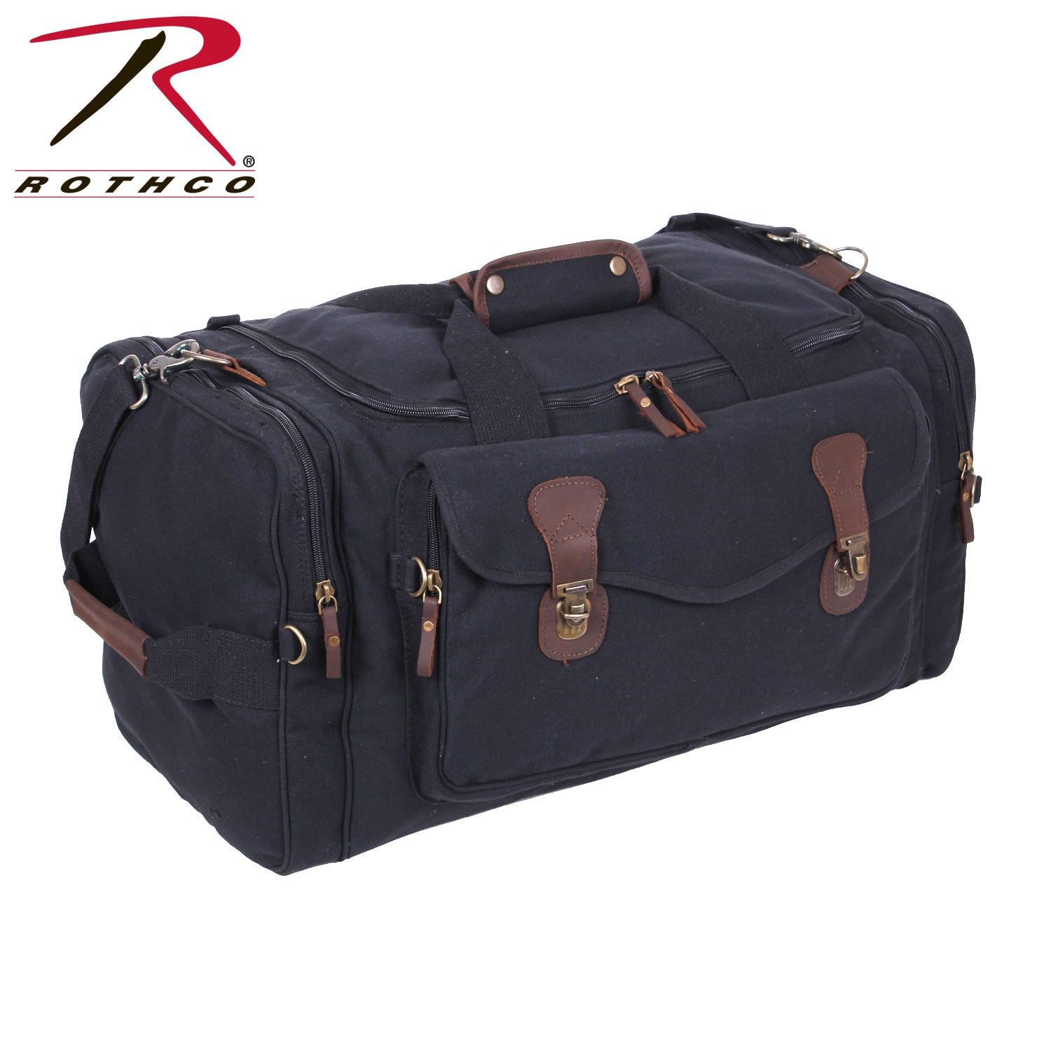 Rothco Canvas Long Weekend Bag Black – Durable Travel Duffle with Multiple Compartments and Leather Accents
