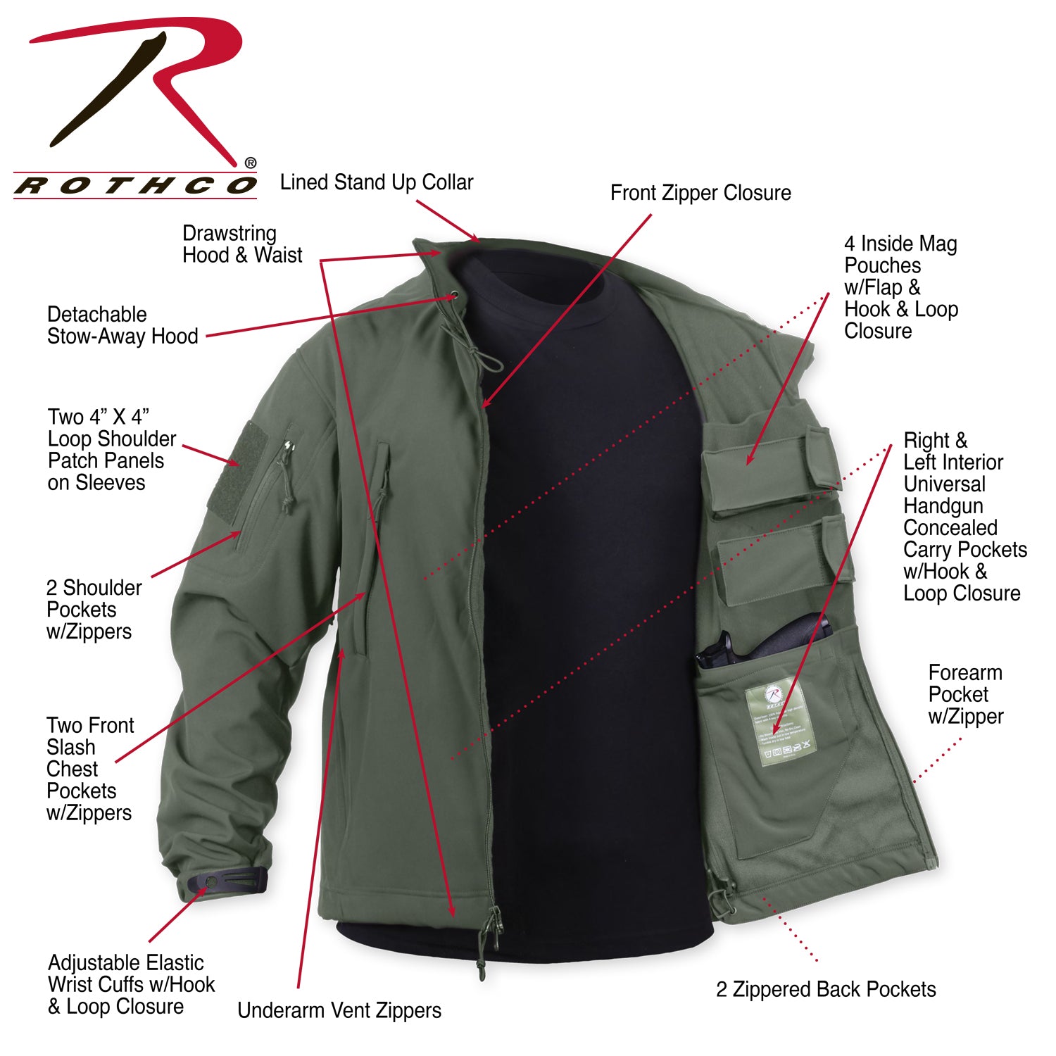 Rothco Concealed Carry Soft Shell Jacket Olive Drab Size Large