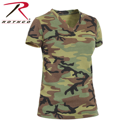Rothco Women's Long Length Camo V-Neck T-Shirt in Woodland Camo, Size Large