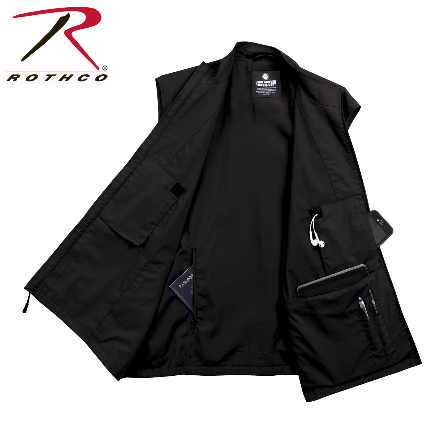 Rothco Undercover Travel Vest Black Size Large – Discreet Storage for Travel and Outdoor Activities