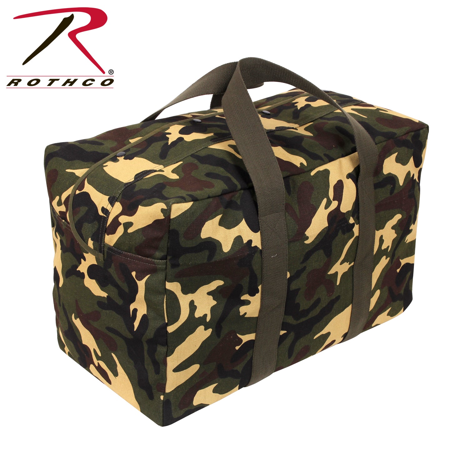 Rothco Canvas Parachute Cargo Bag in Woodland Camo – Heavy Duty 75L Travel Duffle with Reinforced Handles and Versatile Carry Options