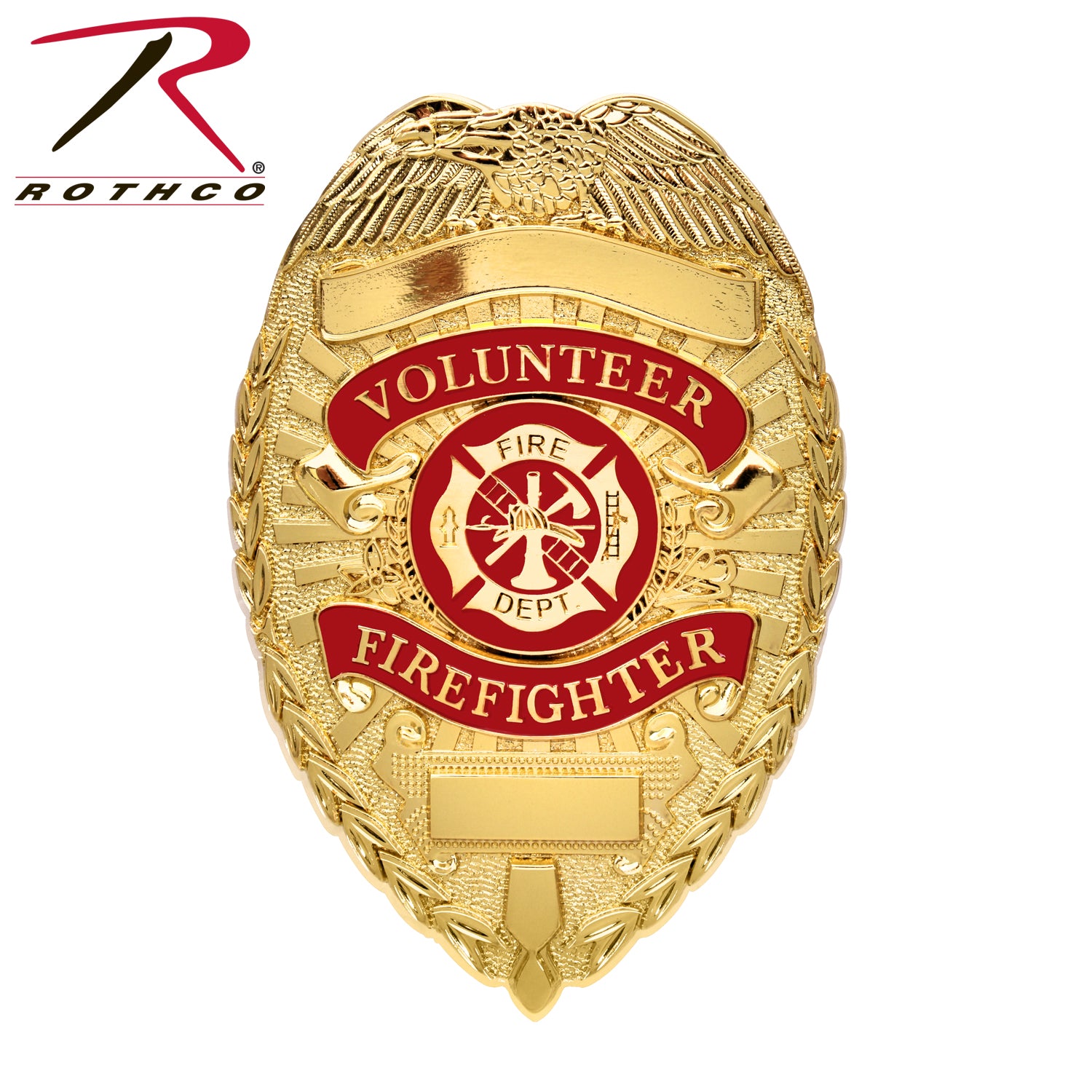 Rothco Deluxe Fire Department Badge Gold - Volunteer Firefighter Zinc Alloy Shield with Pin Backing