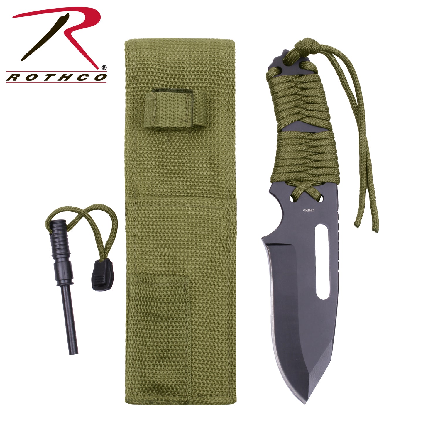 Rothco Large Paracord Knife with Fire Starter in Olive Drab - Part #36743