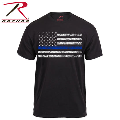 Rothco Thin Blue Line T-Shirt Black Size Large - Support Law Enforcement with Distressed American Flag Graphic