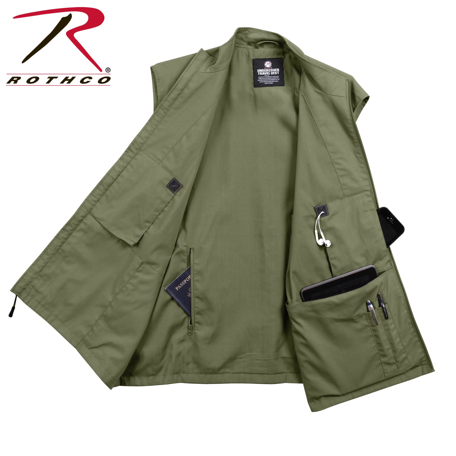 Rothco Undercover Travel Vest Olive Drab Size XL – Discreet Storage for Travel, Outdoor & Daily Use