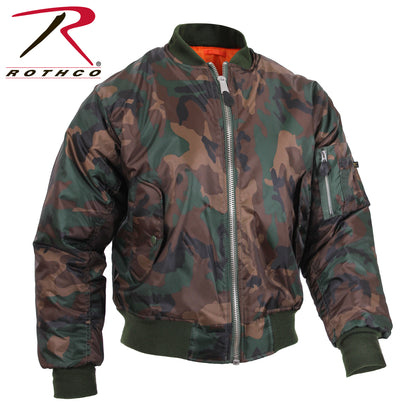 Rothco MA-1 Flight Jacket Woodland Camo Size XS – Insulated Bomber Jacket with Reversible Orange Lining and Utility Pockets