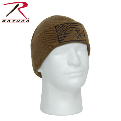 Rothco USMC Eagle, Globe and Anchor Deluxe Knit Watch Cap with US Flag - Coyote Brown