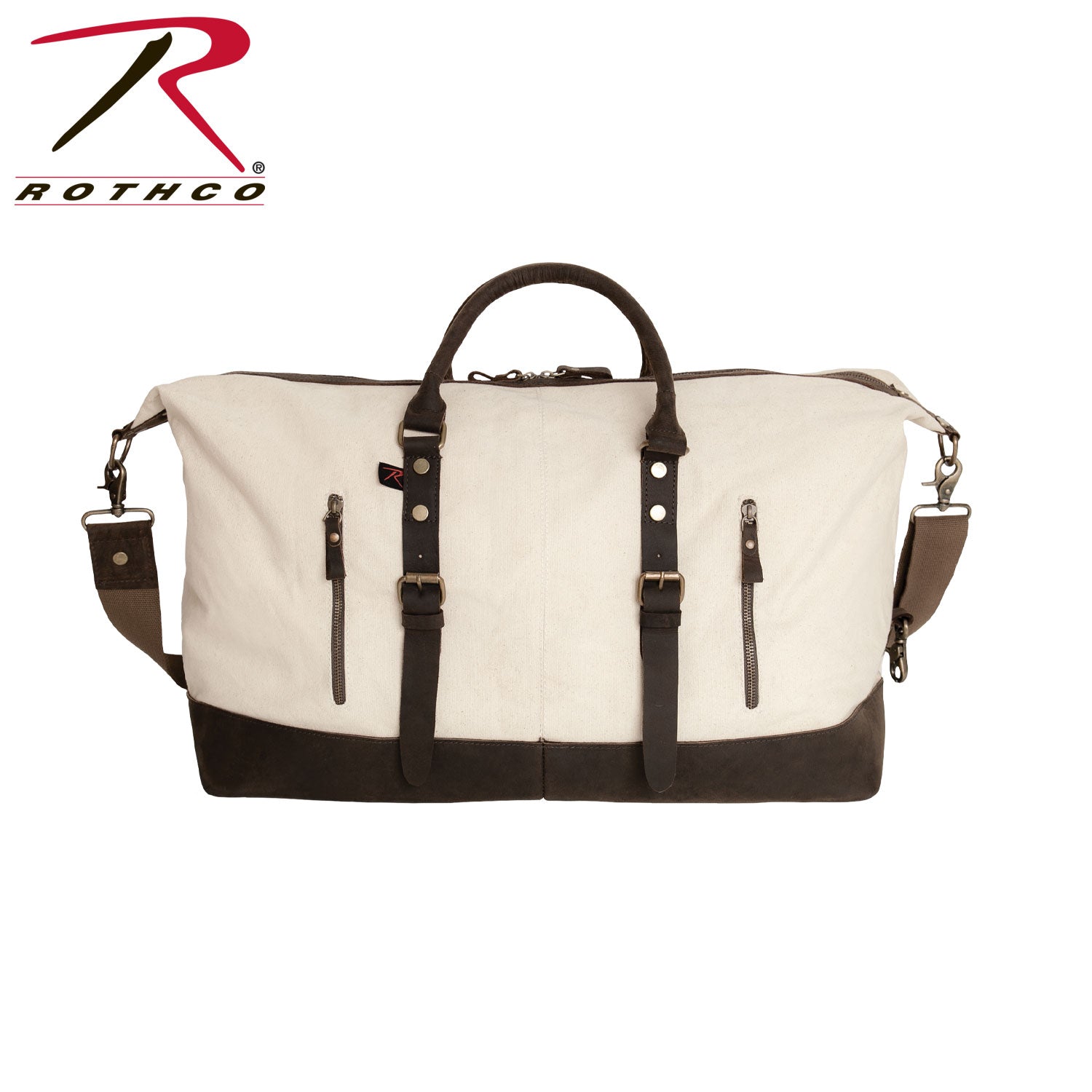 Rothco Extended Weekender Bag in Natural Canvas with Leather Trim and Brass Hardware