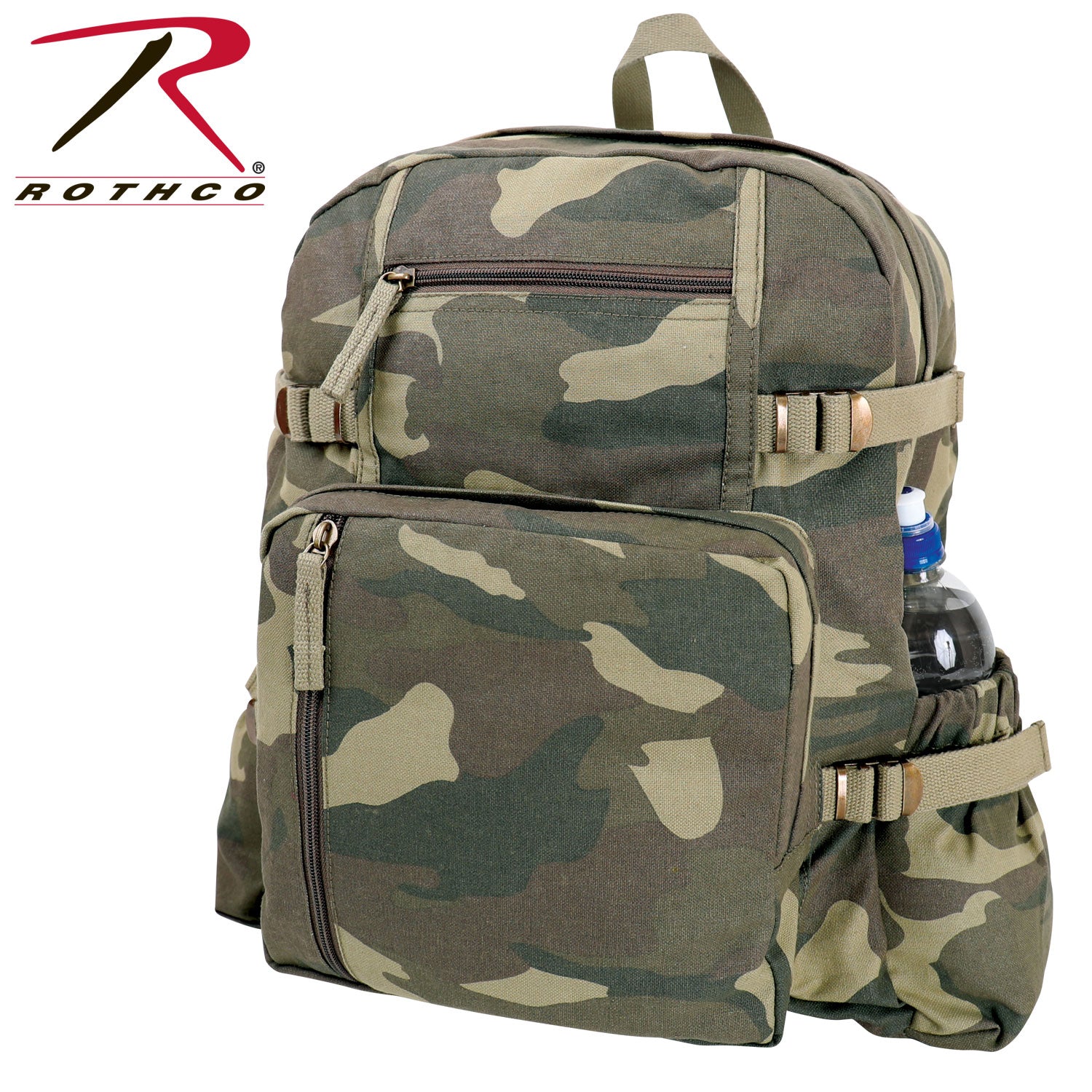 Rothco Jumbo Vintage Canvas Backpack in Woodland Camo - 28L Capacity Military Style Daypack