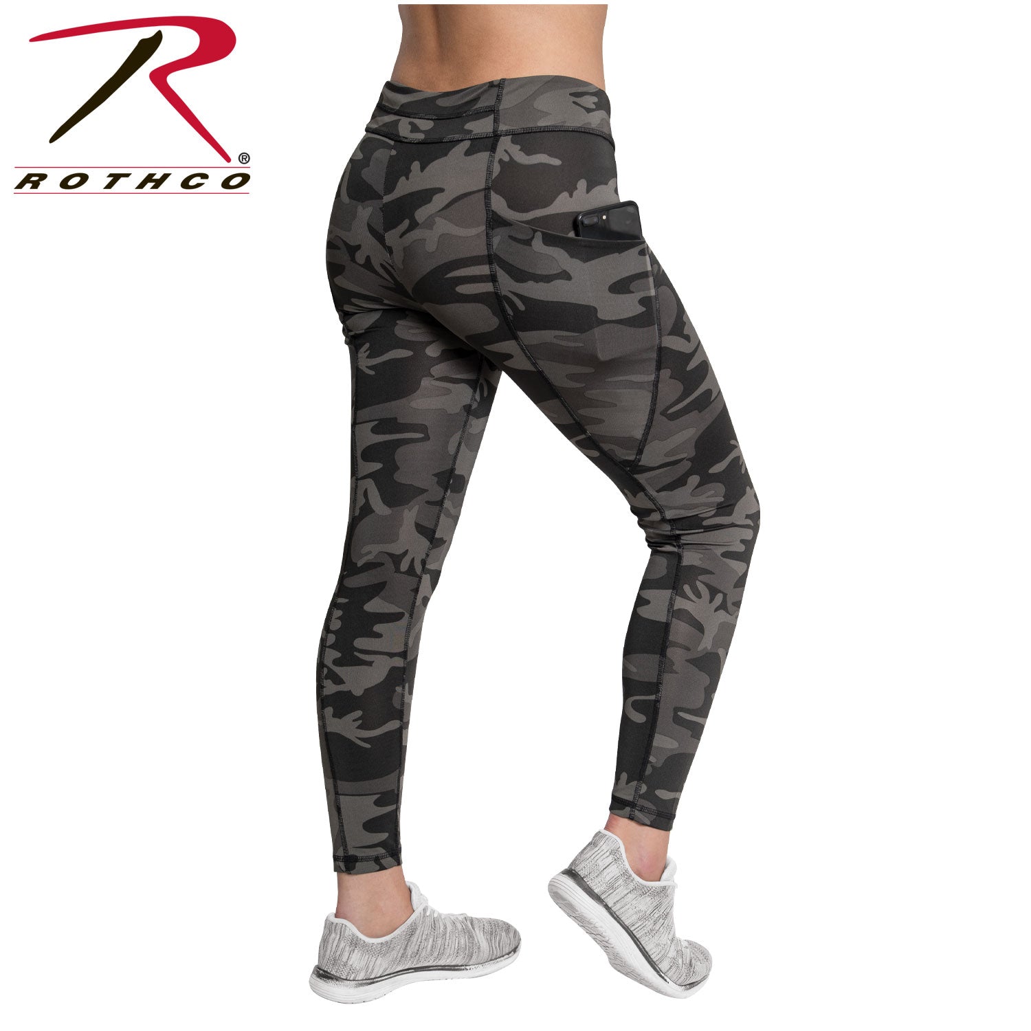Rothco Women's Workout Performance Camo Leggings with Pockets – Black Camo, Size Large