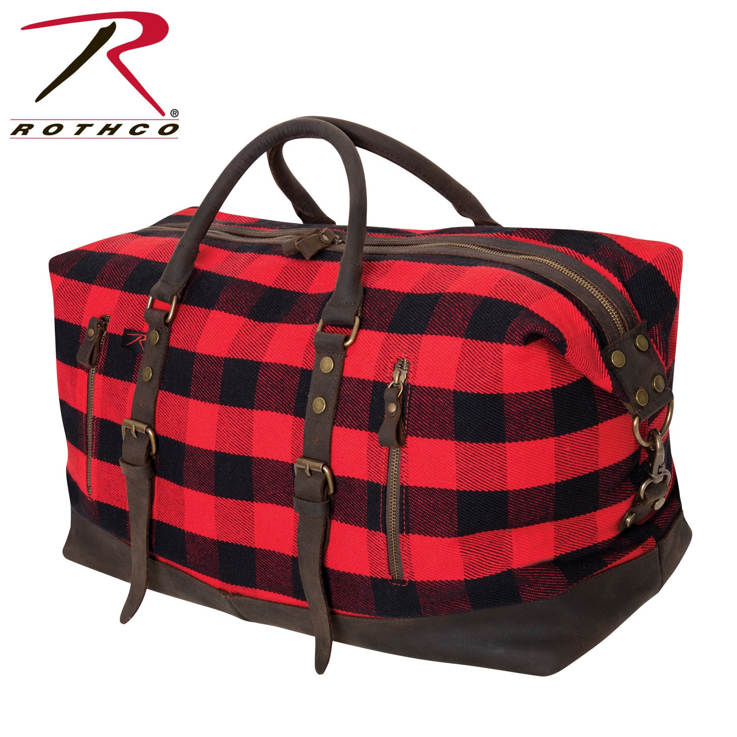 Rothco Extended Weekender Bag in Red Plaid with Durable Cotton Canvas and Leather Accents