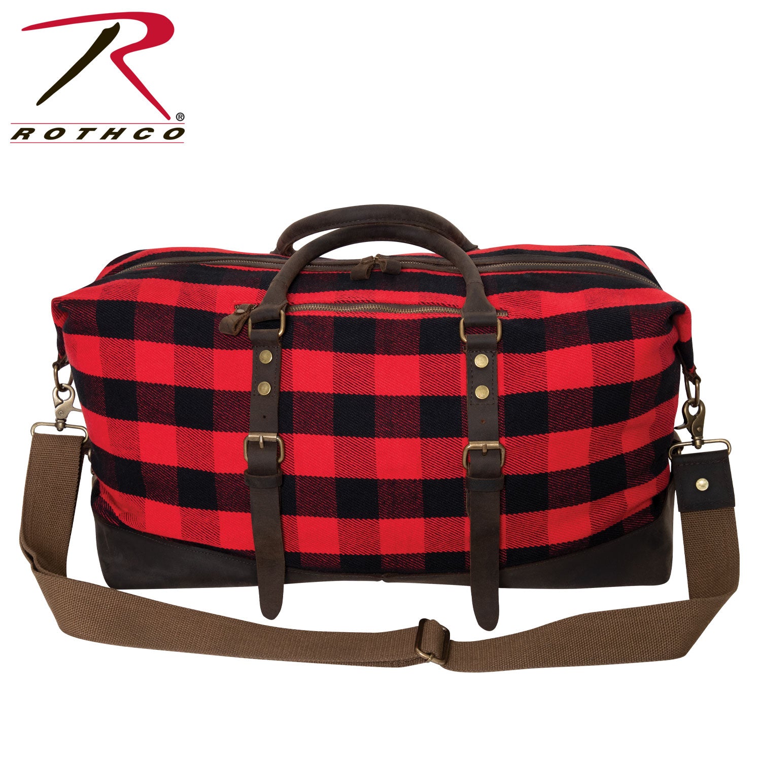 Rothco Extended Weekender Bag in Red Plaid with Durable Cotton Canvas and Leather Accents