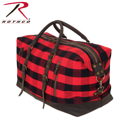 Rothco Extended Weekender Bag in Red Plaid with Durable Cotton Canvas and Leather Accents