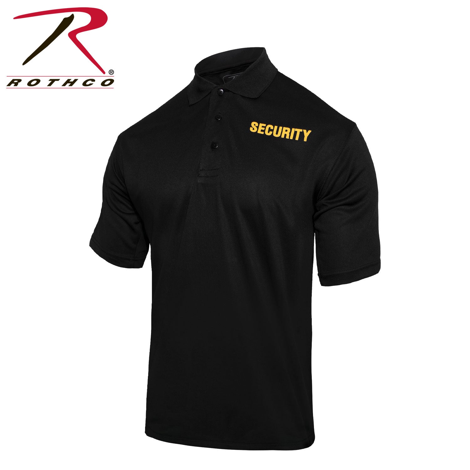 Rothco Moisture Wicking Security Polo Shirt - Black with Gold Lettering, Size Small