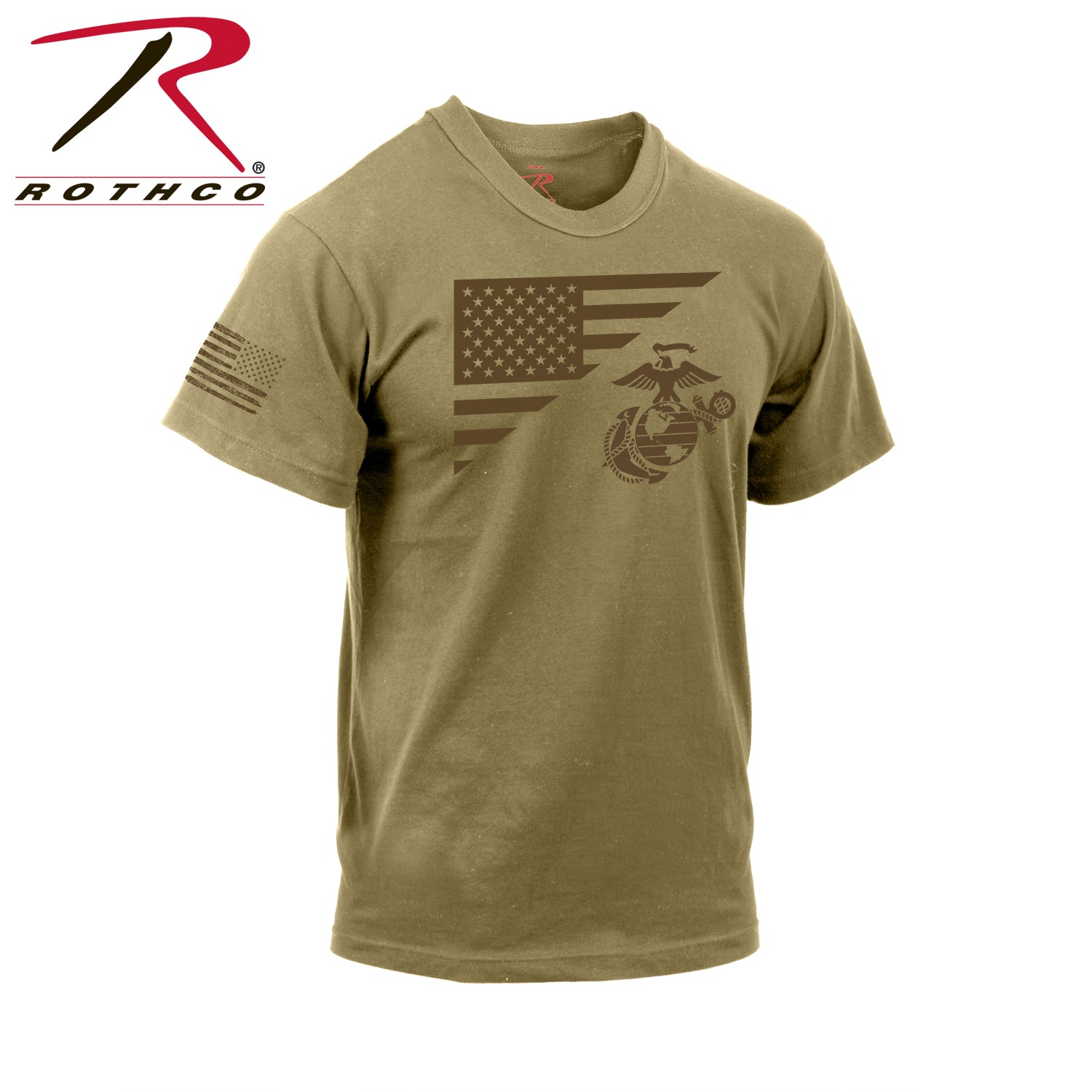 Rothco US Flag and USMC Eagle, Globe & Anchor T-Shirt in Coyote Brown, Size M