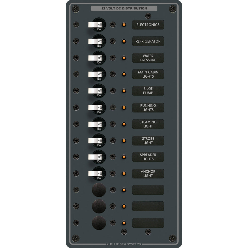 Blue Sea Systems 8376 Panel DC with 13 Positions and 10 15A Single Pole Circuit Breakers