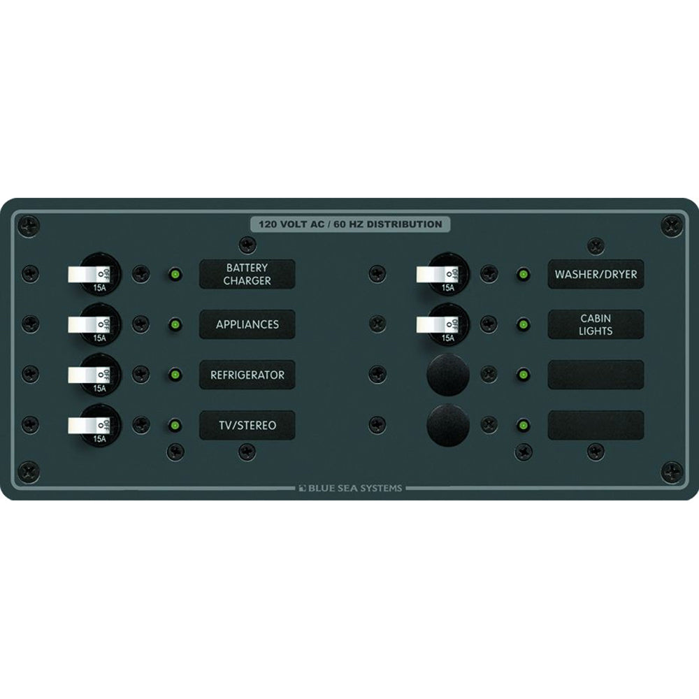 Blue Sea Systems AC 8 Position Panel with Six 15A Single Pole Circuit Breakers – Part 8411