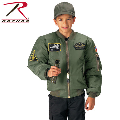 Rothco Kids Flight Jacket with Patches in Sage Green, Size Large