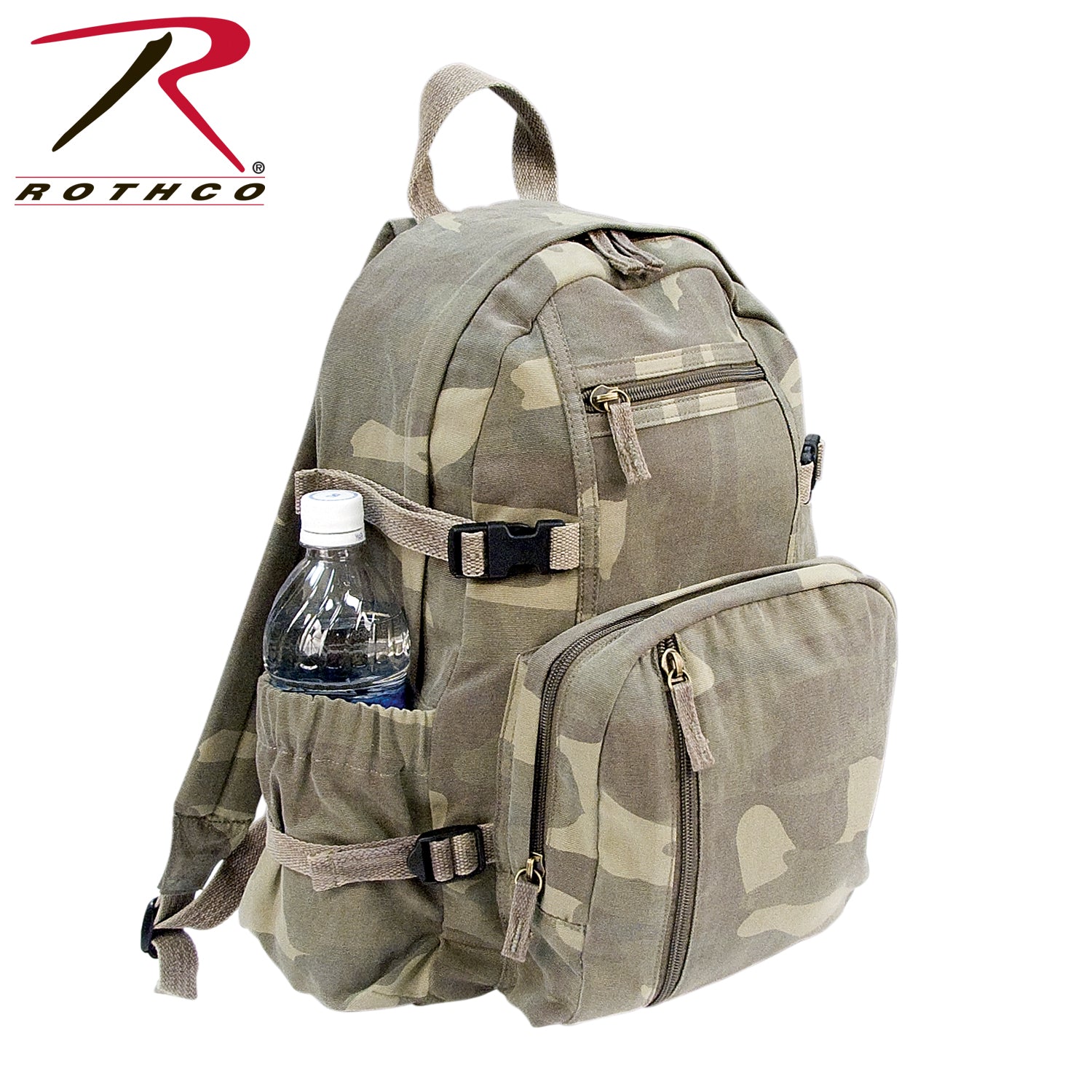 Rothco Vintage Canvas Compact Backpack Woodland Camo - Rugged EDC and Travel Bag with Adjustable Straps