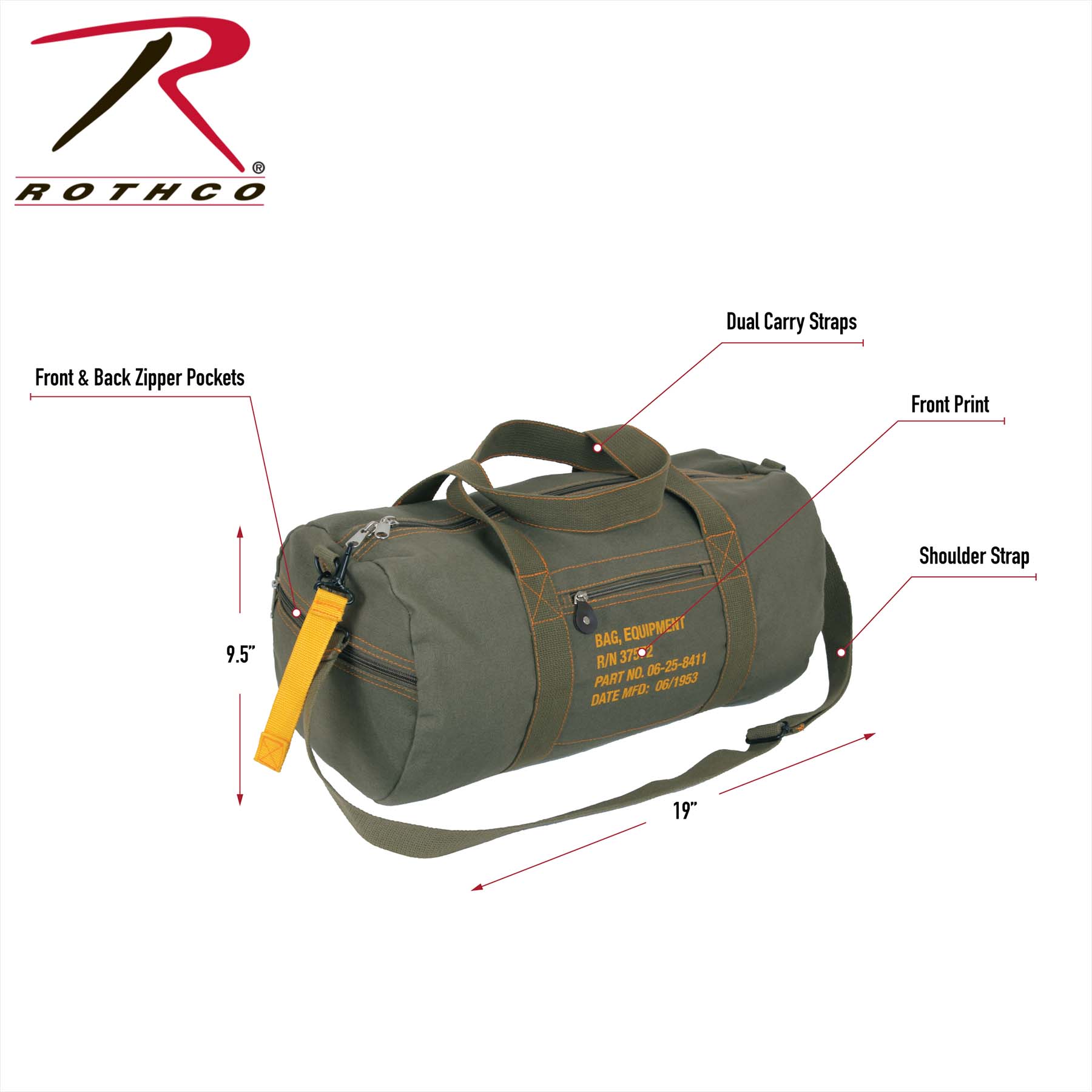 Rothco Canvas Equipment Bag Olive Drab, 19 Inches - Heavy-Duty Military Duffle for Travel and Outdoor Use