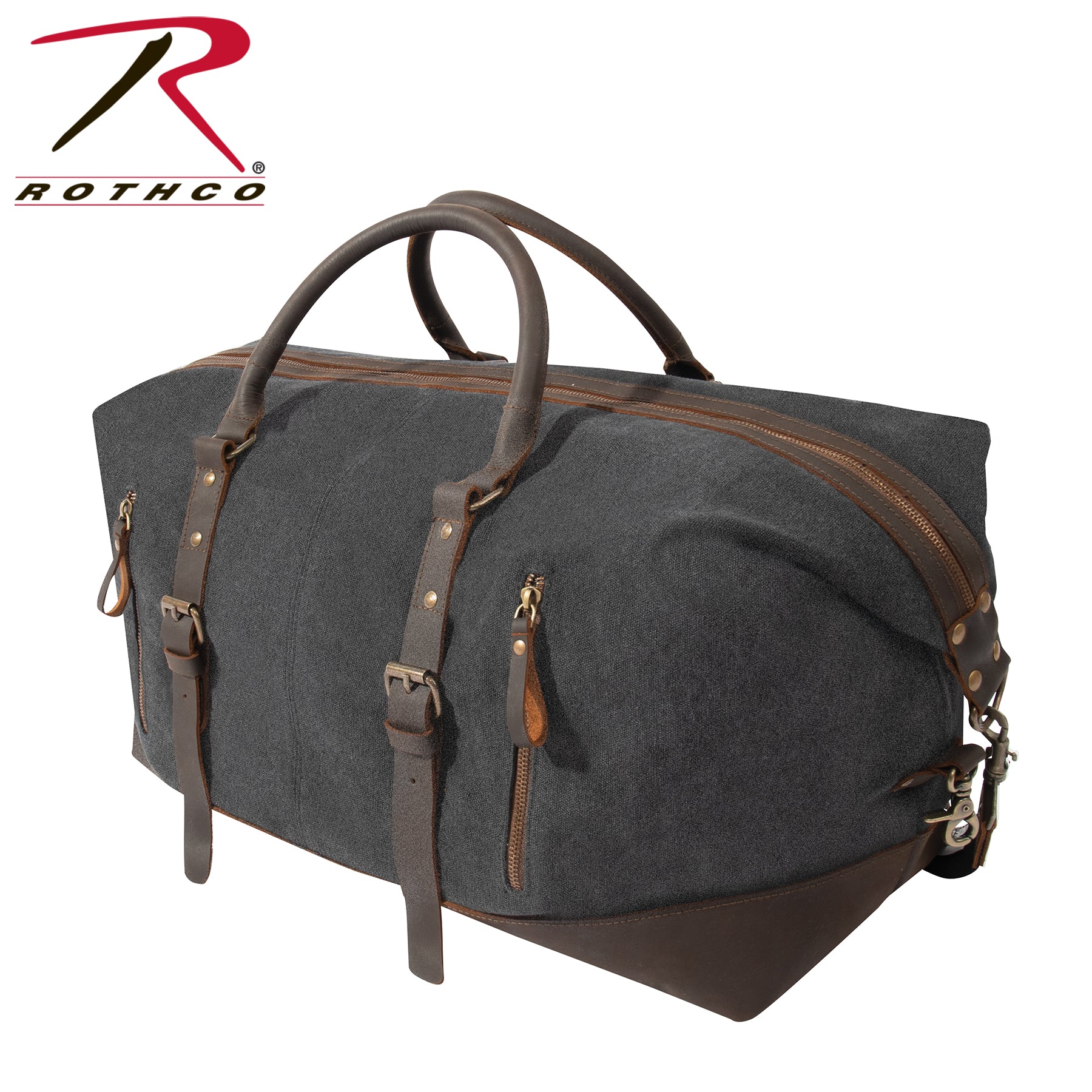Rothco Extended Weekender Bag Charcoal Grey - Durable Canvas Travel Duffel with Leather Trim and Multiple Pockets