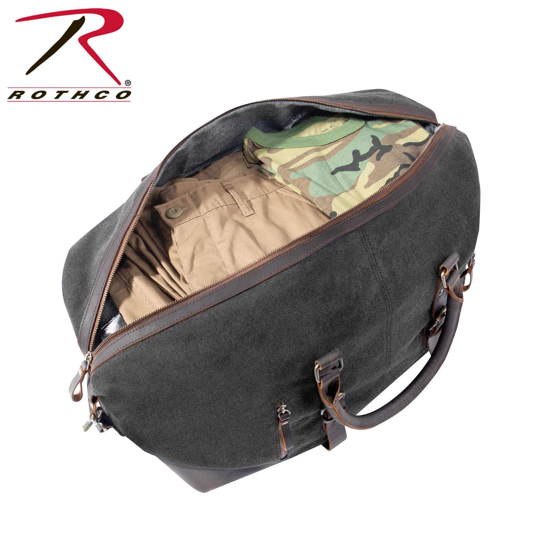 Rothco Extended Weekender Bag Charcoal Grey - Durable Canvas Travel Duffel with Leather Trim and Multiple Pockets
