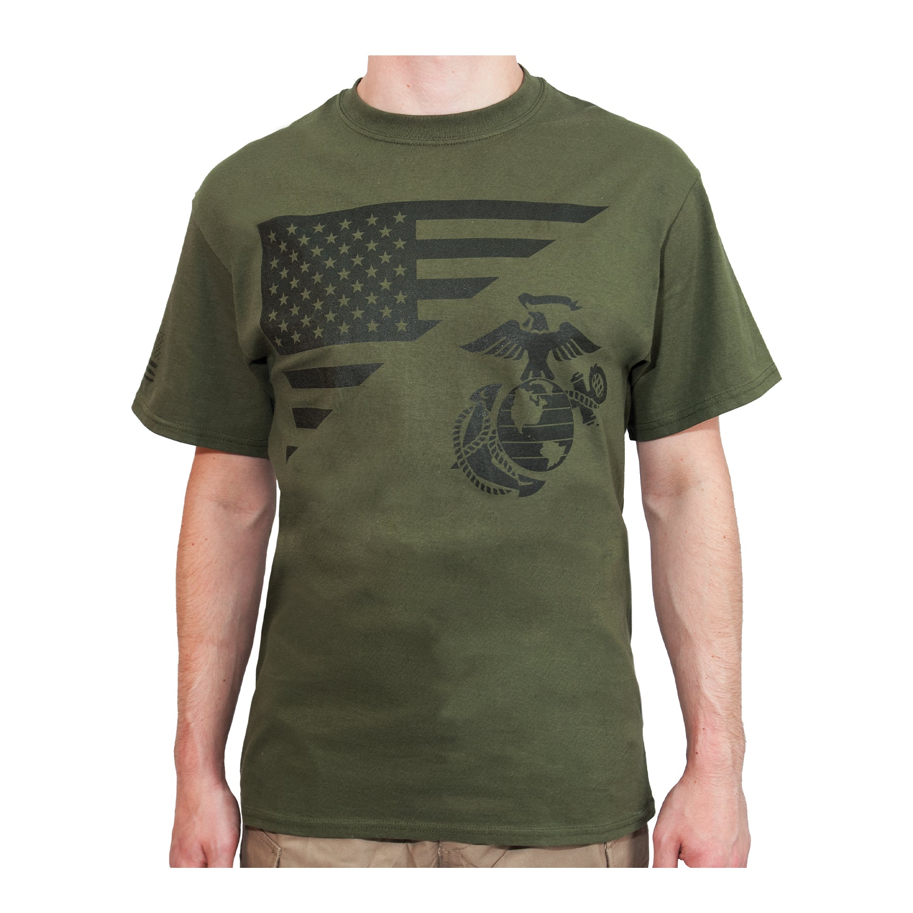 Rothco US Flag and USMC Eagle, Globe, & Anchor T-Shirt - Olive Drab, 2XL