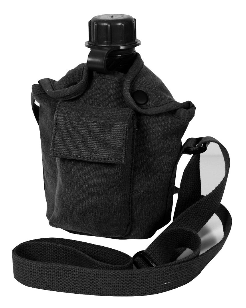 Rothco Vintage Canvas Canteen Cover with Shoulder Strap, Black, 614-BK