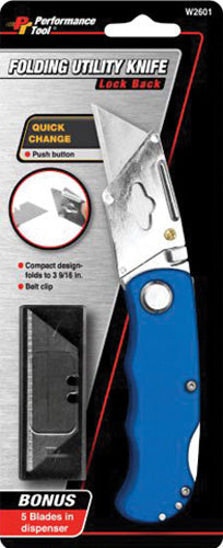 Performance Tool W2601 Folding Utility Knife - Blue for Precise Cutting and Safety