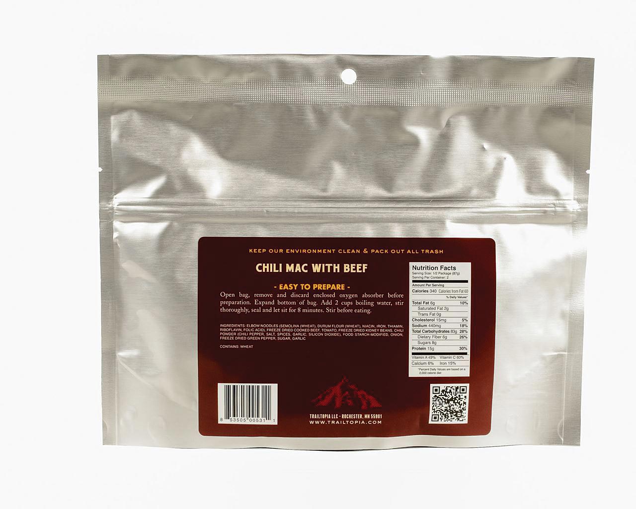 TrailTopia Chili Mac with Beef - Ready-to-Eat Meal for Outdoor Adventures